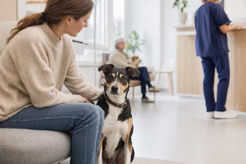 Ein Dansk-Svensk Gardshund sitzt ruhig neben seinem Besitzer im hellen Wartezimmer einer modernen Tierarztpraxis.